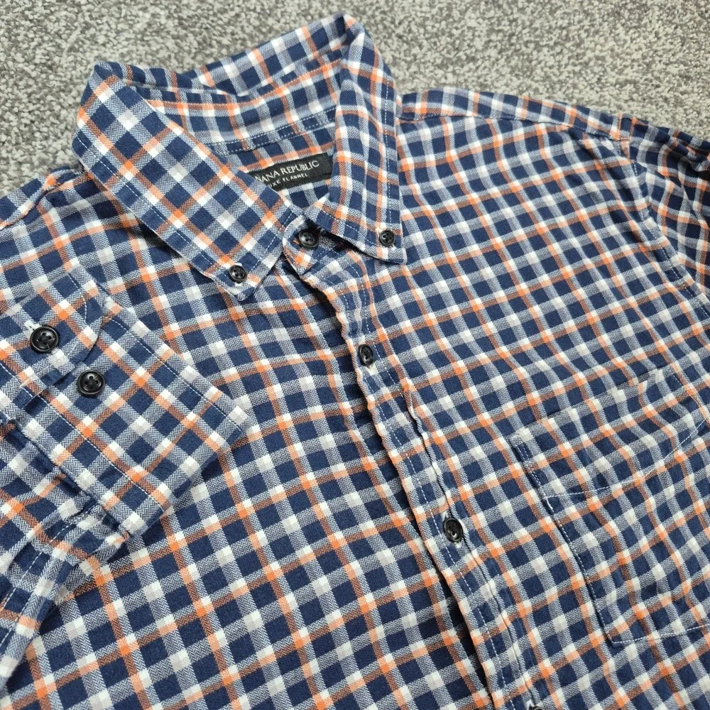 Banana Republic Luxe Flannel Shirt Mens‎ Medium Blue Orange Plaid Slim Fit